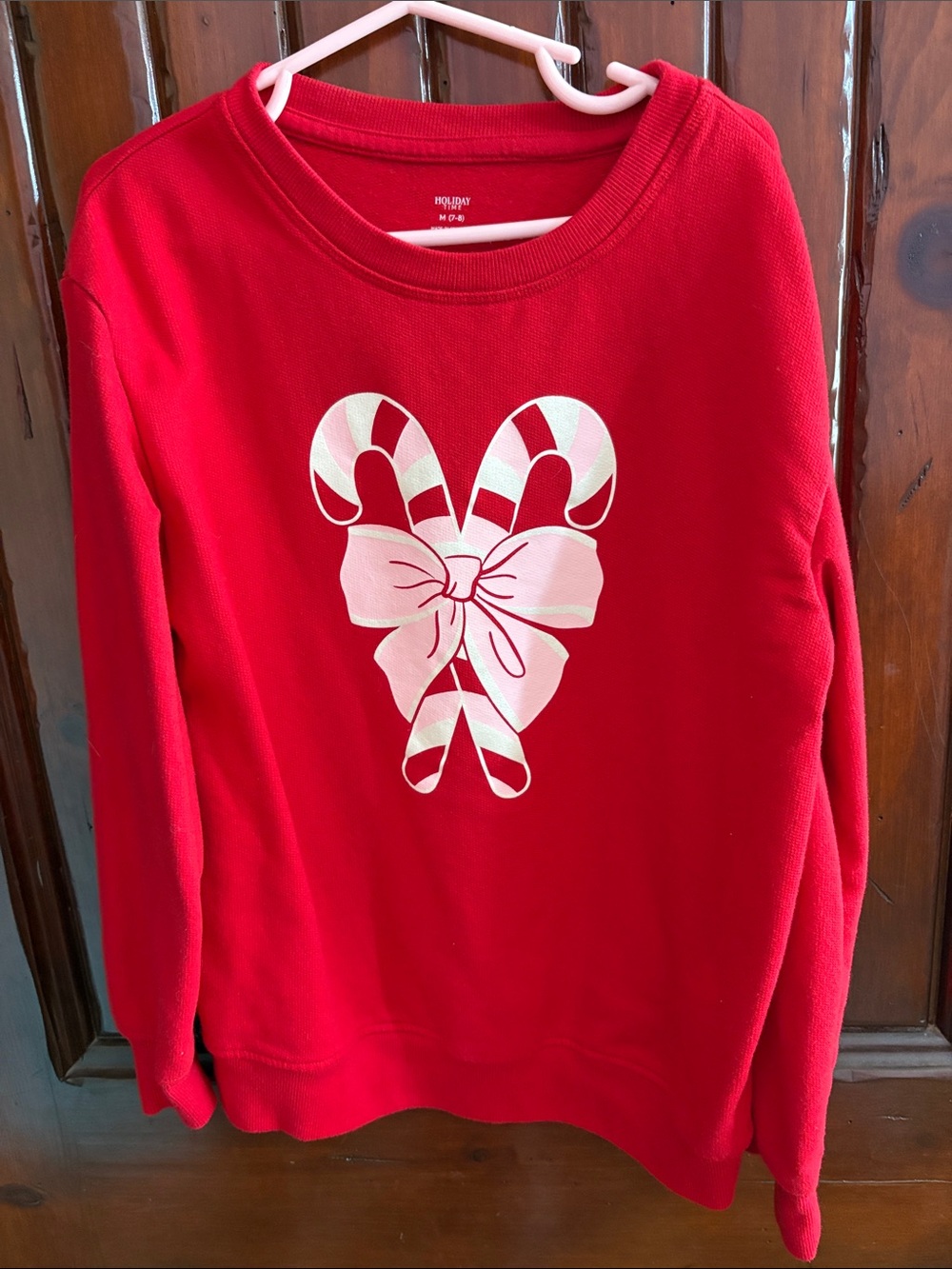 Holiday Time Red Crewneck Sweater with Candy Cane Heart and Pink Bow